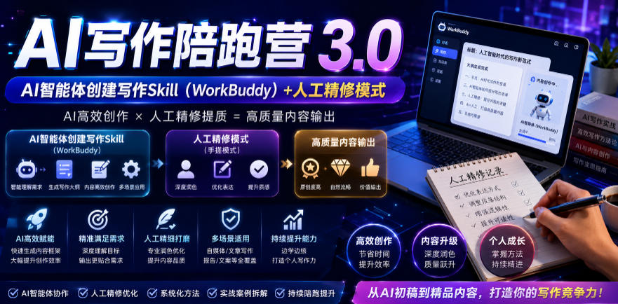 AI写作陪跑营3.0，Ai智能体创建写作skill(workbuddy)+人工手写模式(手搓模式)，去除AI痕迹(头条号、公众号、百家号)(更新0814)-知识星球