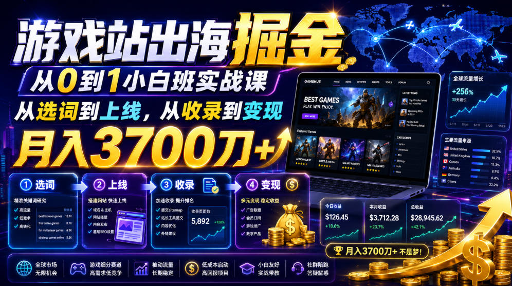 游戏站出海掘金从0到1小白实战课，从选词到上线，从收录到变现，月入3700刀+-知识星球
