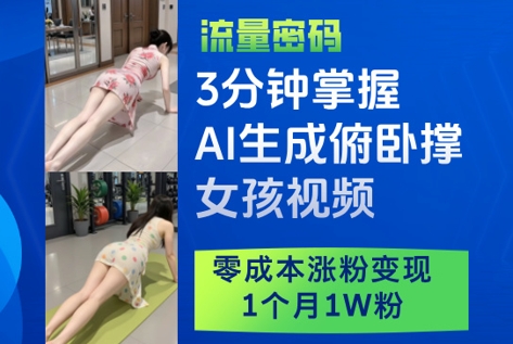 3分钟掌握AI生成俯卧撑女孩视频，零成本涨粉变现，1个月1W粉-知识星球