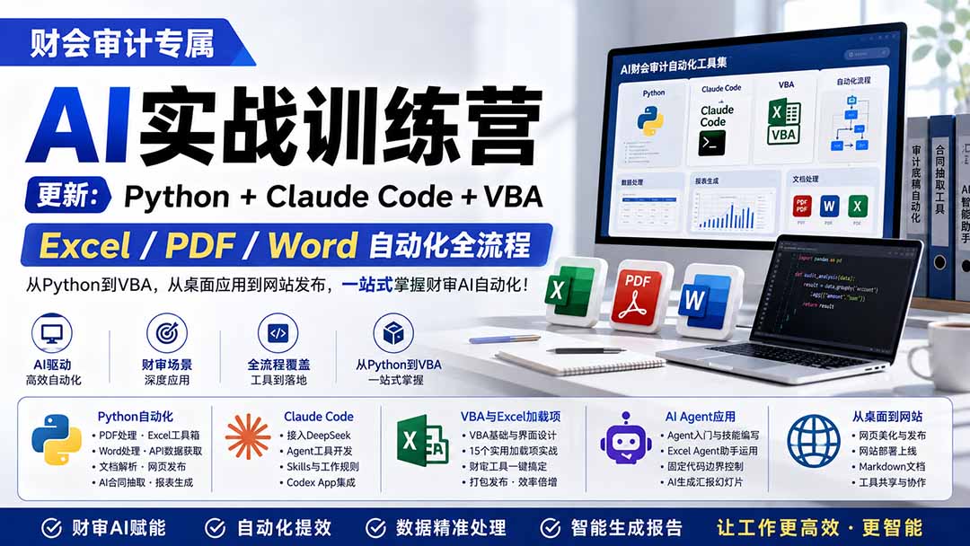 财会审计专属 AI实战训练营：Python+Claude Code+VBA，Excel/PDF/Word自动化全流程 (更新-知识星球