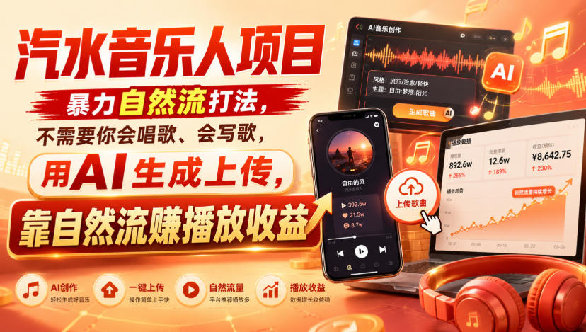 汽水音乐人项目，暴力自然流打法，不需要你会唱歌、会写歌，用AI生成上传，靠自然流賺播放收益-知识星球