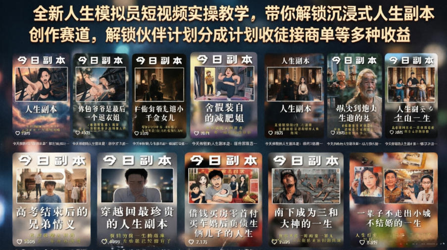 全新人生模拟员短视频实操教学，带你解锁沉浸式人生副本创作赛道，解锁伙伴计划分成计划收徒接商单等多种收益-知识星球