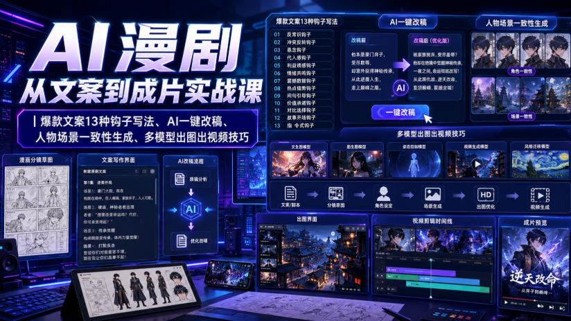 AI漫剧从文案到成片实战课|爆款文案13种钩子写法、AI一键改稿、人物场景一致性生成、多模型出图出视频技巧-知识星球