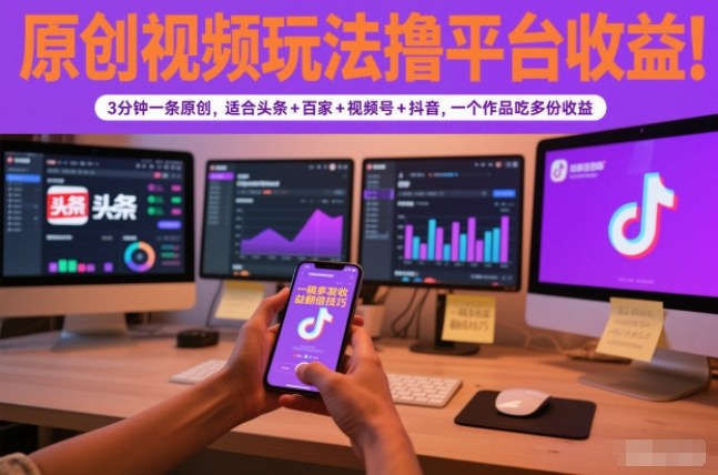 原创视频玩法撸平台收益,3分钟一条原创,适合头条+百家+视频号+抖音,一个作品吃多份收益-知识星球