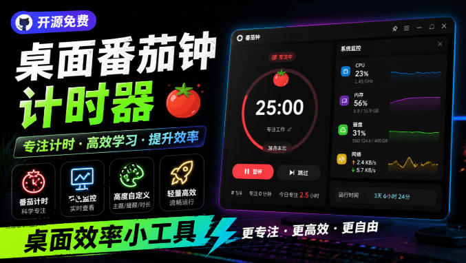 仅1.16MB，开源极简的桌面时钟、番茄钟计时器，还支持系统监控显示，桌面效率小工具Catime-知识星球