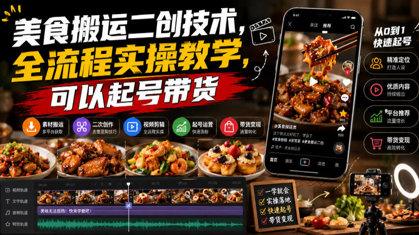 美食搬运二创技术，全流程实操教学，可以起号带货-知识星球