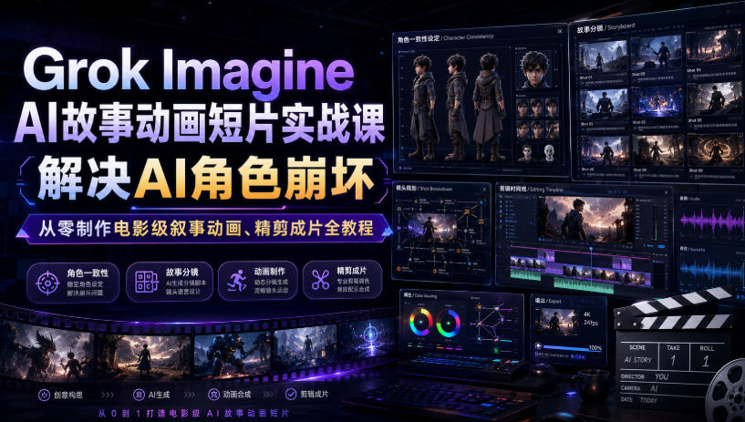 Grok Imagine AI故事动画短片实战课｜解决AI角色崩坏，从零制作电影级叙事动画、精剪成片全教程(中英字幕)-知识星球