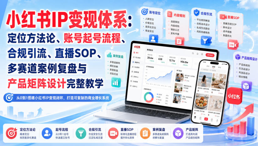 小红书IP变现体系：定位方法论、账号起号流程、合规引流、直播SOP、多赛道案例复盘与产品矩阵设计完整教学-知识星球