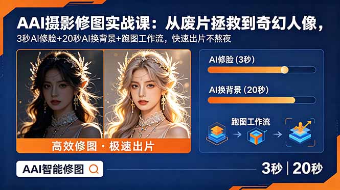 AI摄影修图实战课:从废片拯救 到 奇幻人像,3秒AI修脸+20秒AI换背景+跑图工作流,快速出片不熬夜-知识星球