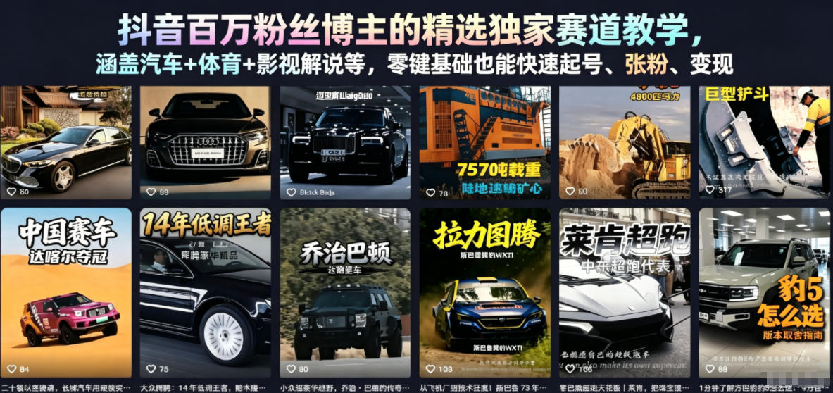 抖音百万粉丝博主的精选独家赛道教学，涵盖汽车+体育+影视解说等，零基础也能快速起号、涨粉、变现(更新0701)-知识星球