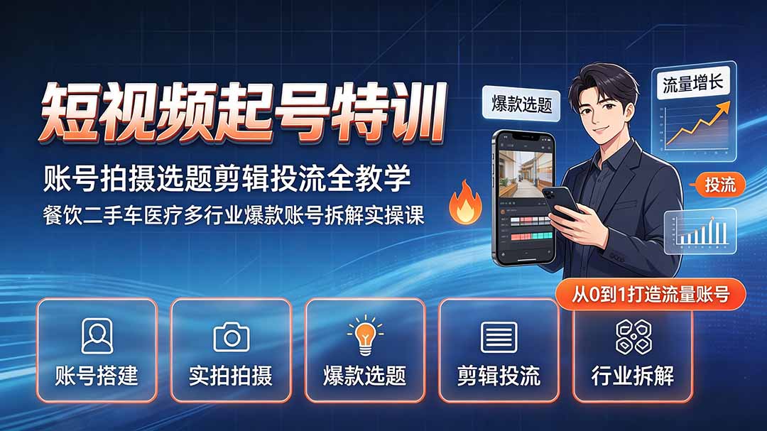 短视频起号特训｜账号拍摄选题剪辑投流全教学，餐饮二手车医疗多行业爆款账号拆解实操课-知识星球