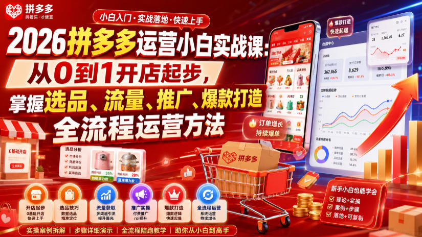 2026拼多多运营小白实战课：从0到1开店起步，掌握选品、流量、推广、爆款打造全流程运营方法-知识星球