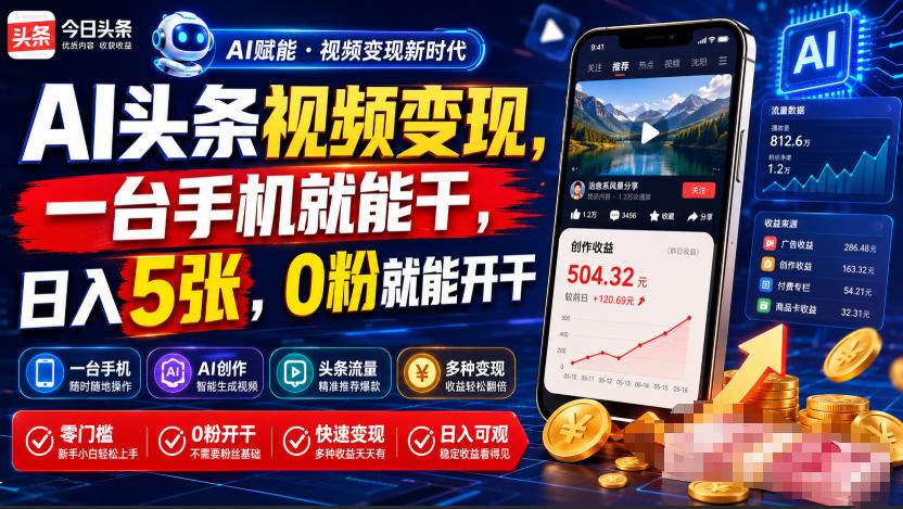AI头条视频变现，一台手机就能干，日入5张，0粉就能开干-知识星球
