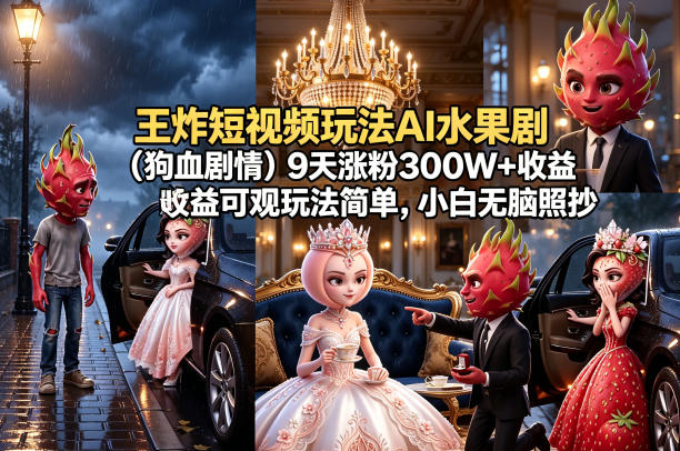 王炸短视频玩法AI水果剧(狗血剧情)9天涨粉300W+收益可观玩法简单，小白无脑照抄，详细拆解玩法-知识星球