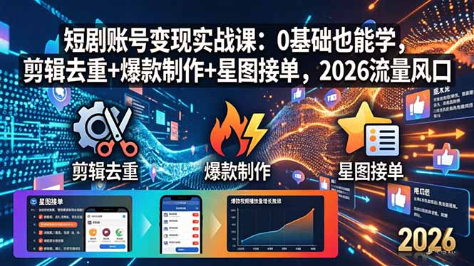 短剧账号变现实战课：0基础也能学，剪辑去重+爆款制作+星图接单，2026流量风口-知识星球