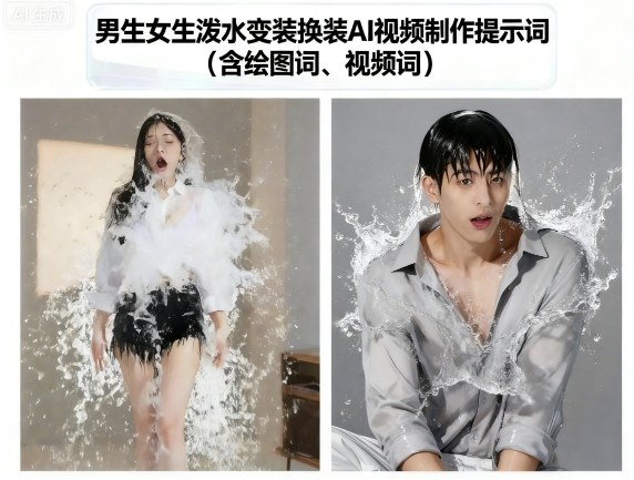 男生女生泼水变装换装AI视频制作提示词(含绘图词、视频词)-知识星球