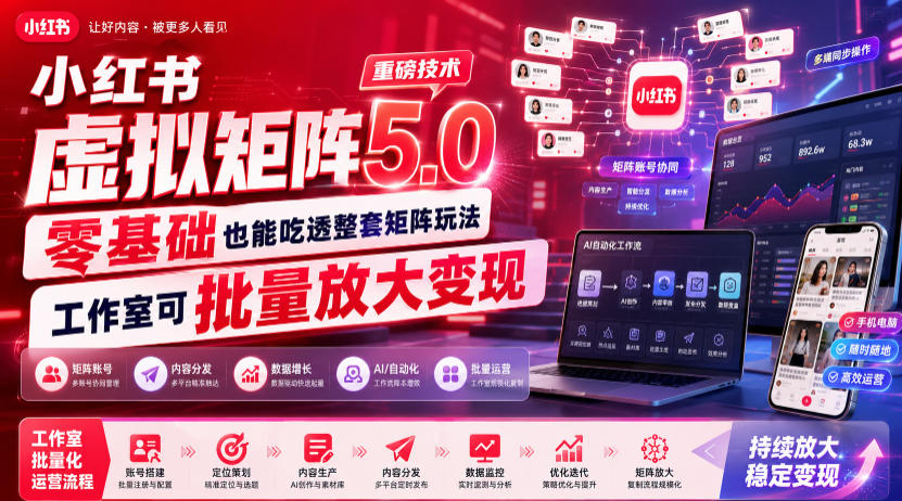 小红书虚拟矩阵5.0重磅技术，零基础也能吃透整套矩阵玩法，工作室可批量放大变现-知识星球