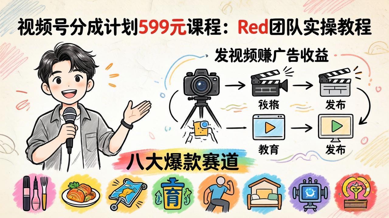 视频号分成计划599元课程：Red团队实操教程，发视频赚广告收益，八大爆款赛道全掌握-知识星球