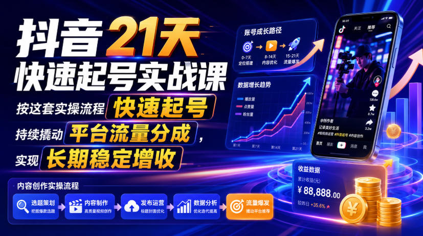 抖音21天快速起号实战课，按这套实操流程快速起号，持续撬动平台流量分成，实现长期稳定增收-知识星球