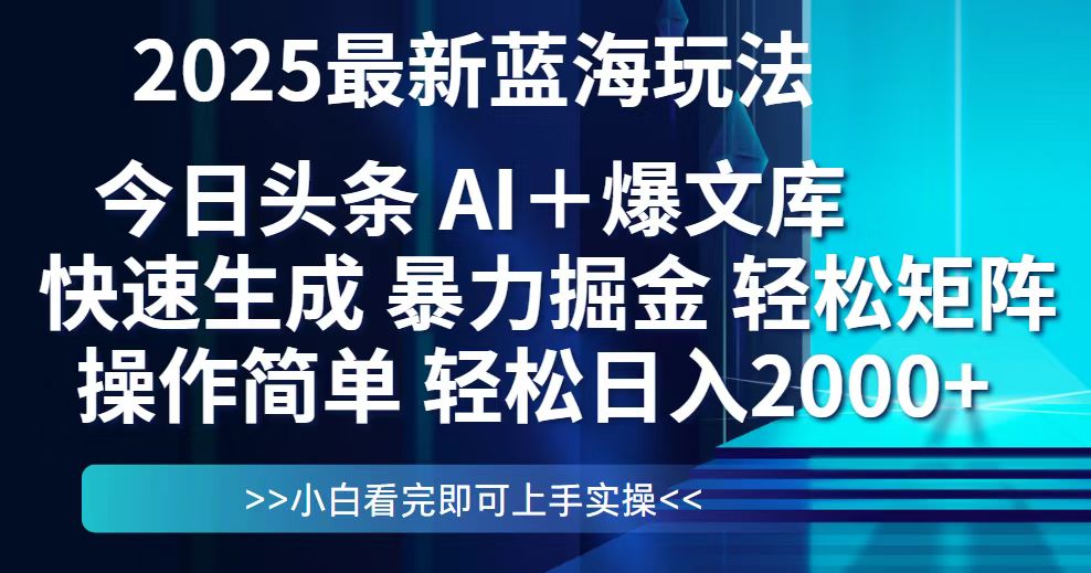 今日头条2025最新蓝海玩法，思路简单，复制粘贴，轻松实现矩阵日入2000+-知识星球