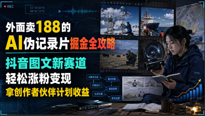 外面卖188的AI伪记录片掘金全攻略，抖音图文新赛道，轻松涨粉变现，拿创作者伙伴计划收益【文档】-知识星球