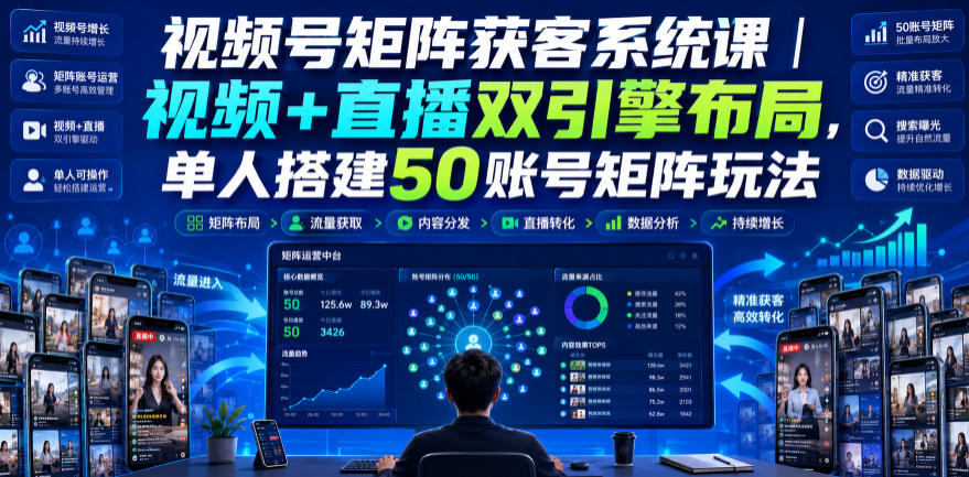 视频号矩阵获客系统课｜视频+直播双引擎布局，单人搭建50账号矩阵玩法，流量入池、搜索占位、全域引流沉淀私域全流程教学-知识星球