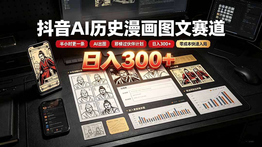 抖音AI历史漫画图文赛道：半小时更一条×AI出图×邪修过伙伴计划×日入300+，零成本快速入局-知识星球