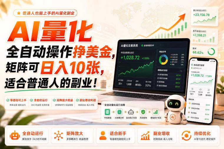 AI量化全自动操作挣美金,矩阵可日入10张,适合普通人的副业!【揭秘】