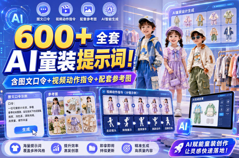 600+全套AI童装提示词！含图文口令+视频动作指令+配套参考图，Word-Excel规整分类，童装电商、种草无脑量产内容！-知识星球