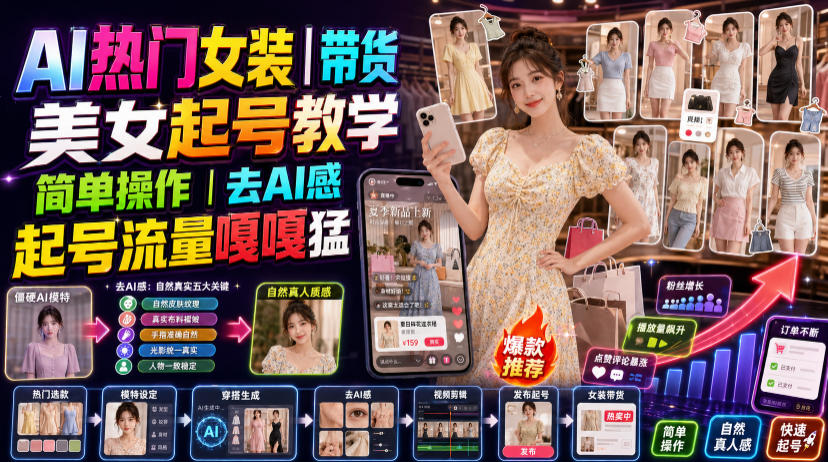 AI热门女装带货丨美女起号教学，简单操作，去AI感，起号流量嘎嘎猛-知识星球