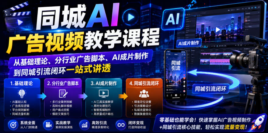 同城AI广告视频教学课程，从基础理论、分行业广告脚本、AI成片制作到同城引流闭环一站式讲透-知识星球