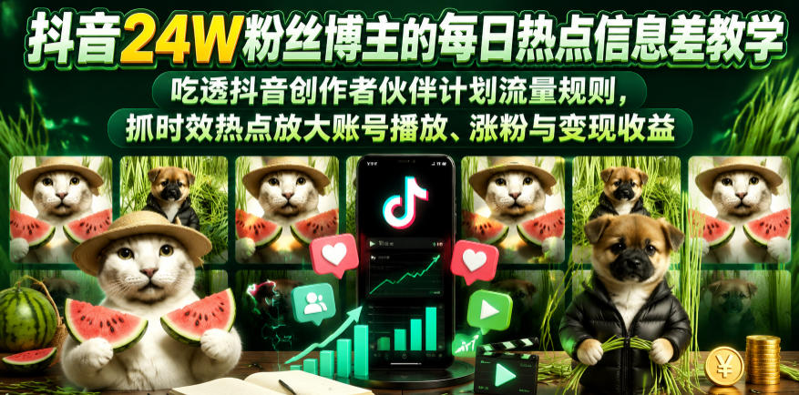 抖音24W粉丝博主的每日热点信息差教学，吃透创作者伙伴计划流量规则，抓时效热点放大账号播放、涨粉与变现收益(更新)-知识星球