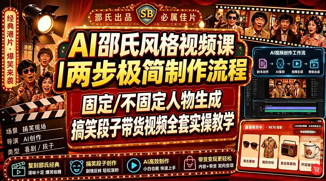 AI邵氏风格视频课｜两步极简制作流程，固定/不固定人物生成，搞笑段子带货视频全套实操教学-知识星球