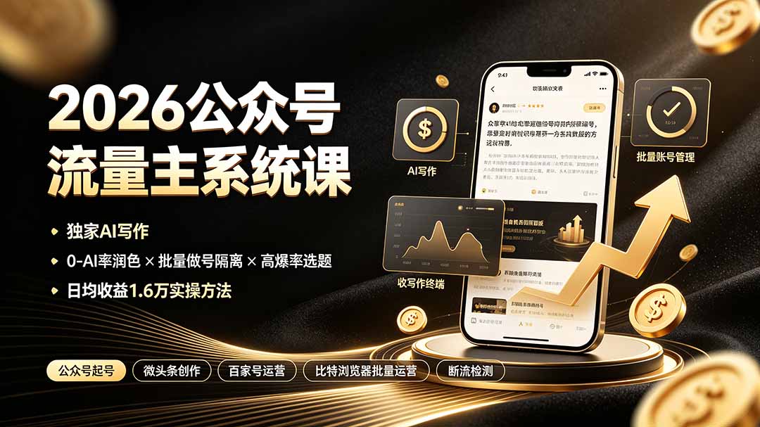 2026公众号流量主系统课：独家AI写作×0-AI率润色×批量做号隔离×高爆率选题，日均收益1.6万实操方法-知识星球