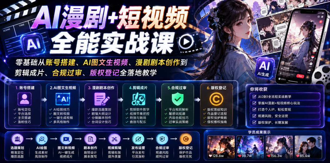 AI漫剧+短视频全能实战课｜零基础从账号搭建、AI图文生视频、漫剧剧本创作到剪辑成片、合规过审、版权登记全落地教学-知识星球