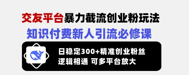 交友平台暴力截流创业粉玩法，知识付费新人引流必修课，日稳定300+精准创业粉丝，逻辑相通可多平台放大-小禾网创