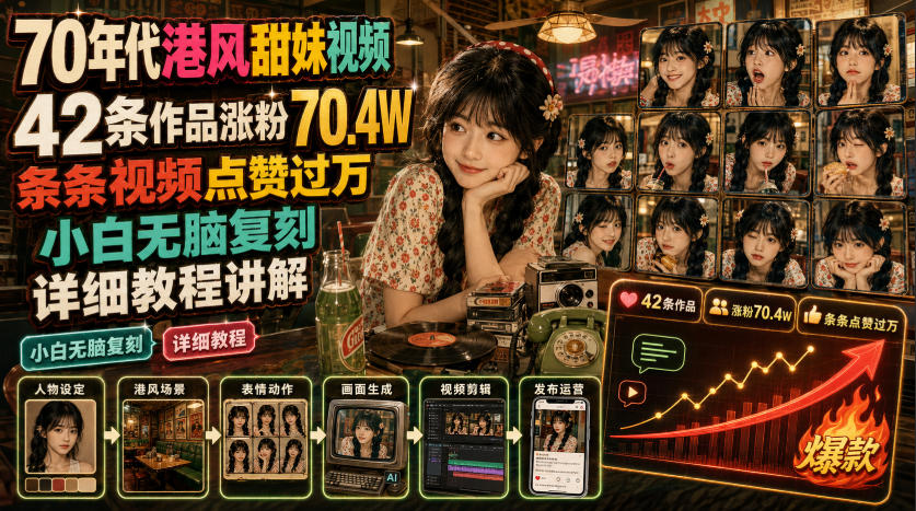 70年代港风甜妹视频，42条作品涨粉70.4W，条条视频点赞过万，小白无脑复刻，详细教程讲解-知识星球