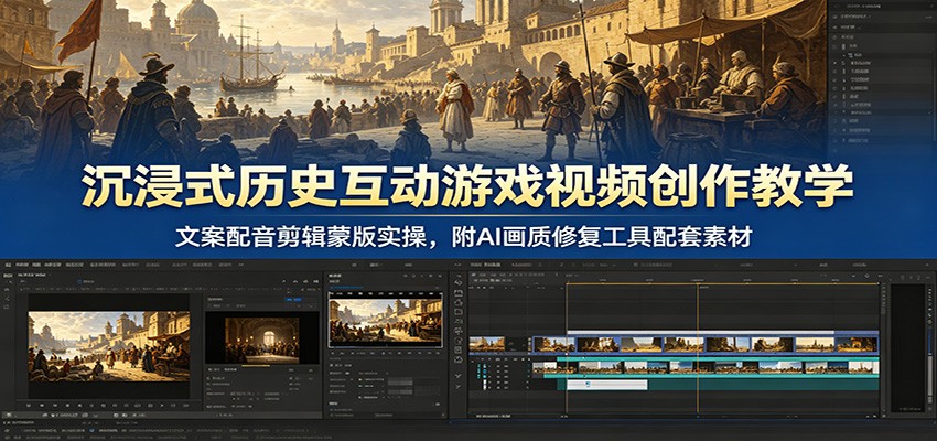 沉浸式历史互动游戏视频创作教学:文案配音剪辑蒙版实操,附AI画质修复工具配套素材-知识星球