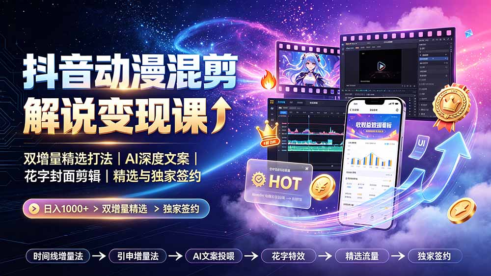 抖音动漫混剪解说变现课：双增量精选打法｜AI深度文案｜花字封面剪辑｜ 精选与独家签约日入1000+-知识星球