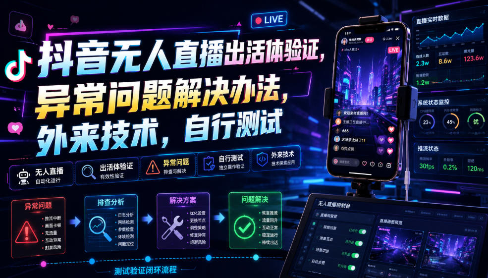 抖音无人直播出活体验证，异常问题解决办法，外来技术，自行测试-知识星球