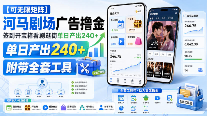 【可无限矩阵】河马剧场广告撸金,签到开宝箱看剧逛街单日产出240+,附带全套工具【揭秘】