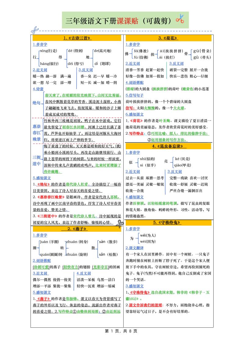三下语文全册彩色版课课贴（1-28课）8页-知识星球