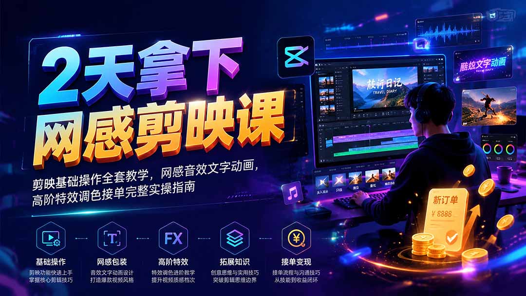 2天拿下网感剪辑课｜剪映基础操作全套教学，网感音效文字动画，高阶特效调色接单完整实操指南-知识星球