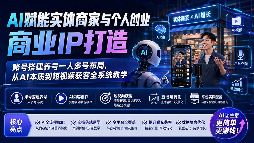 AI赋能实体商家与个人创业商业IP打造；账号搭建养号一人多号布局，从AI本质到短视频获客全系统教学-知识星球