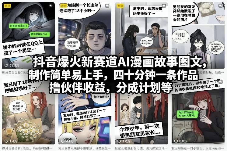 抖音爆火新赛道AI漫画故事图文，制作简单易上手，四十分钟一条作品，撸伙伴收益，分成计划等-知识星球
