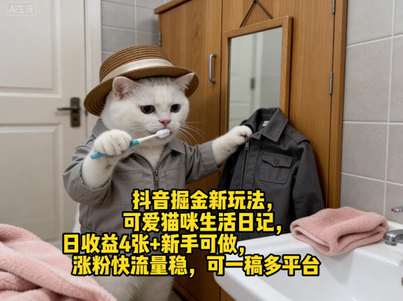抖音掘金新玩法，可爱猫咪生活日记，日收益4张+新手可做，涨粉快流量稳，可一稿多平台-知识星球