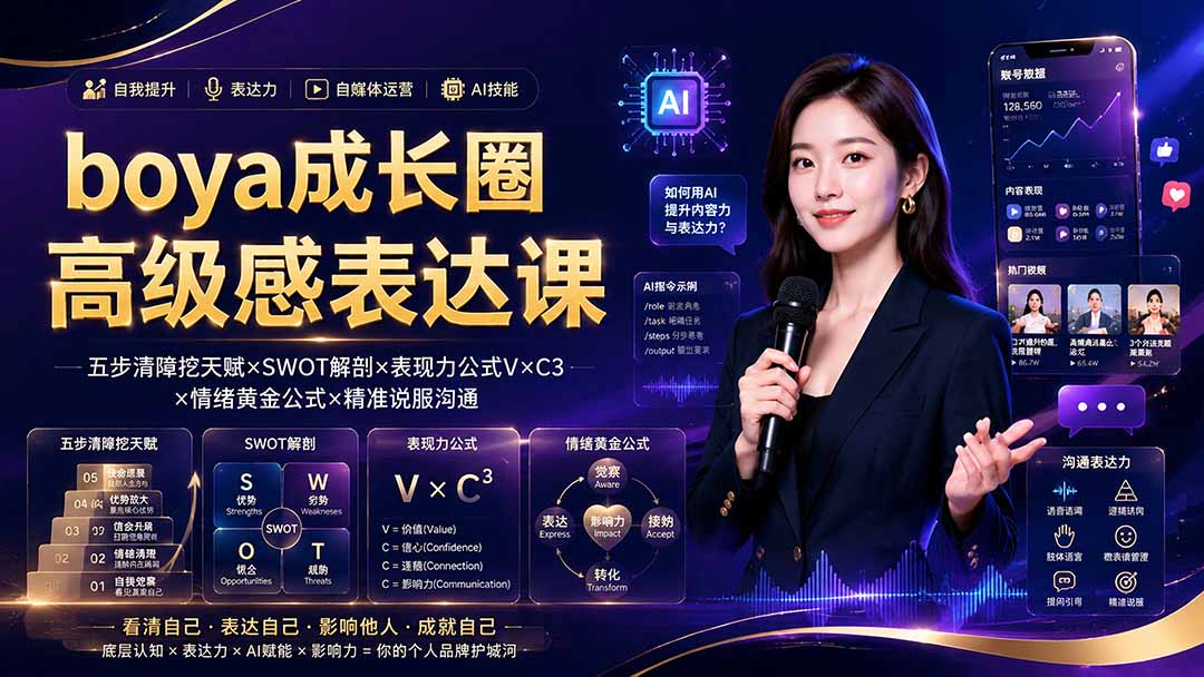 boya成长圈｜内心成长高级表达AI自媒体三合一，消解内耗挖掘天赋，镜头沟通AI指令短视频全流程教学-知识星球