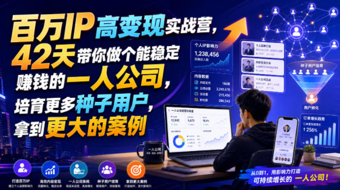 百万IP高变现实战营，42天带你做个能稳定賺钱的一人公司，培育更多种子用户，拿到更大的案例-知识星球