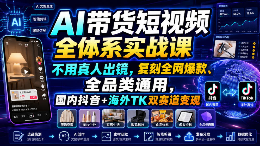 AI带货短视频全体系实战课，不用真人出镜，复刻全网爆款、全品类通用，国内抖音+海外TK双赛道变现-知识星球