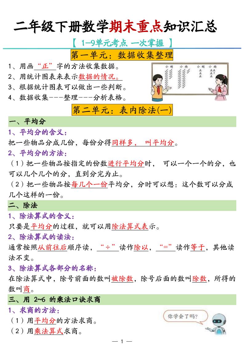 二年级下册数学期末重点知识汇总-知识星球